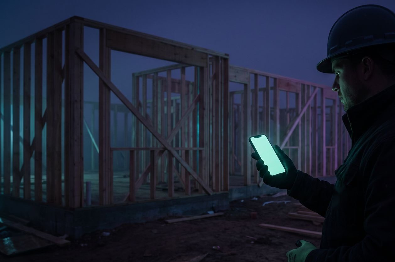 A builder on site at dusk checking a quote on their phone